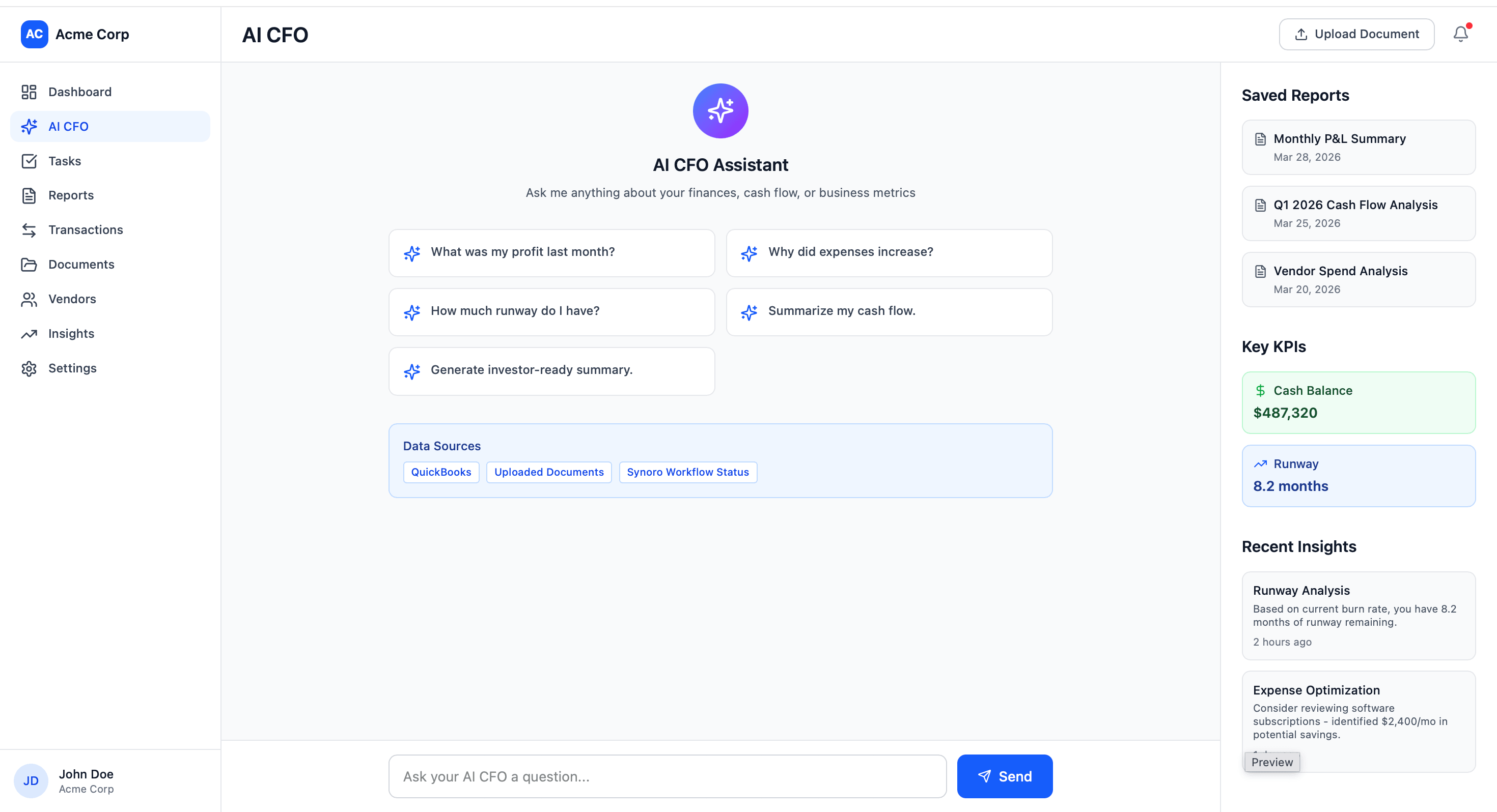 AI CFO assistant with suggested prompts and chat