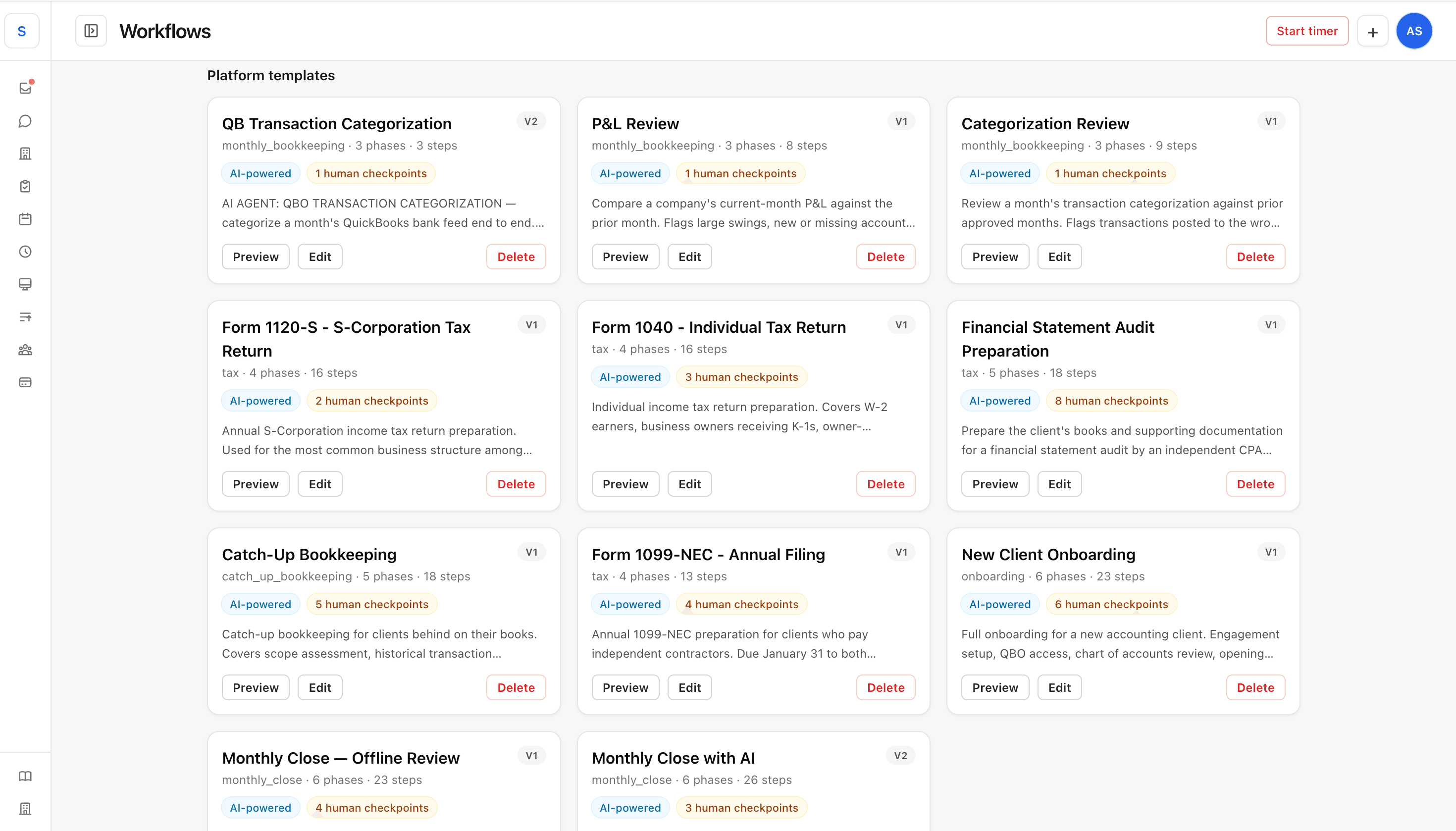 Versioned templates for every service line, with human-checkpoint counts.